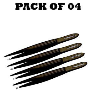 Forgica Professional Stainless Steel Plain Coated Black Tweezers Pack of 04